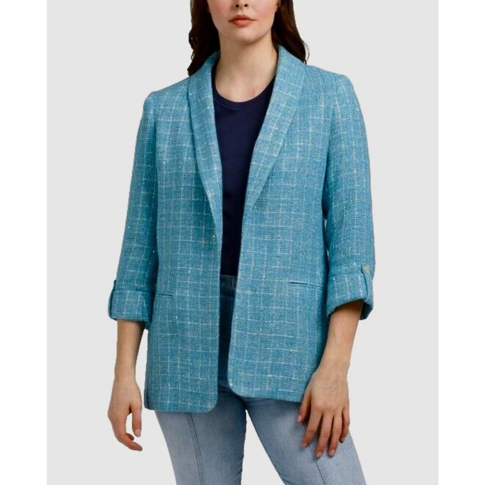 NWT Anne Klein Siren Blue Tweed Open Front Career  Jacket Blazer Size S  $139